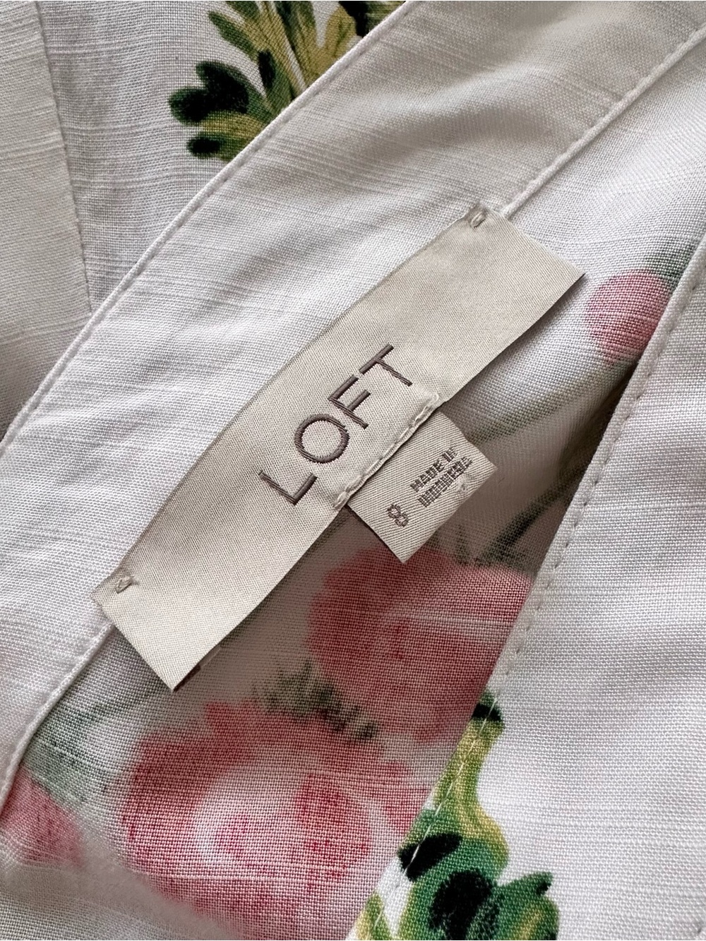 LOFT White Floral Wrap-Style Mini Dress with Pink & Green Print - Picture 7 of 8
